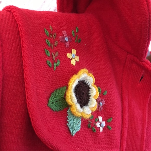Vintage Red Wool Coat Embroidered Crochet Accents - Picture 3 of 14